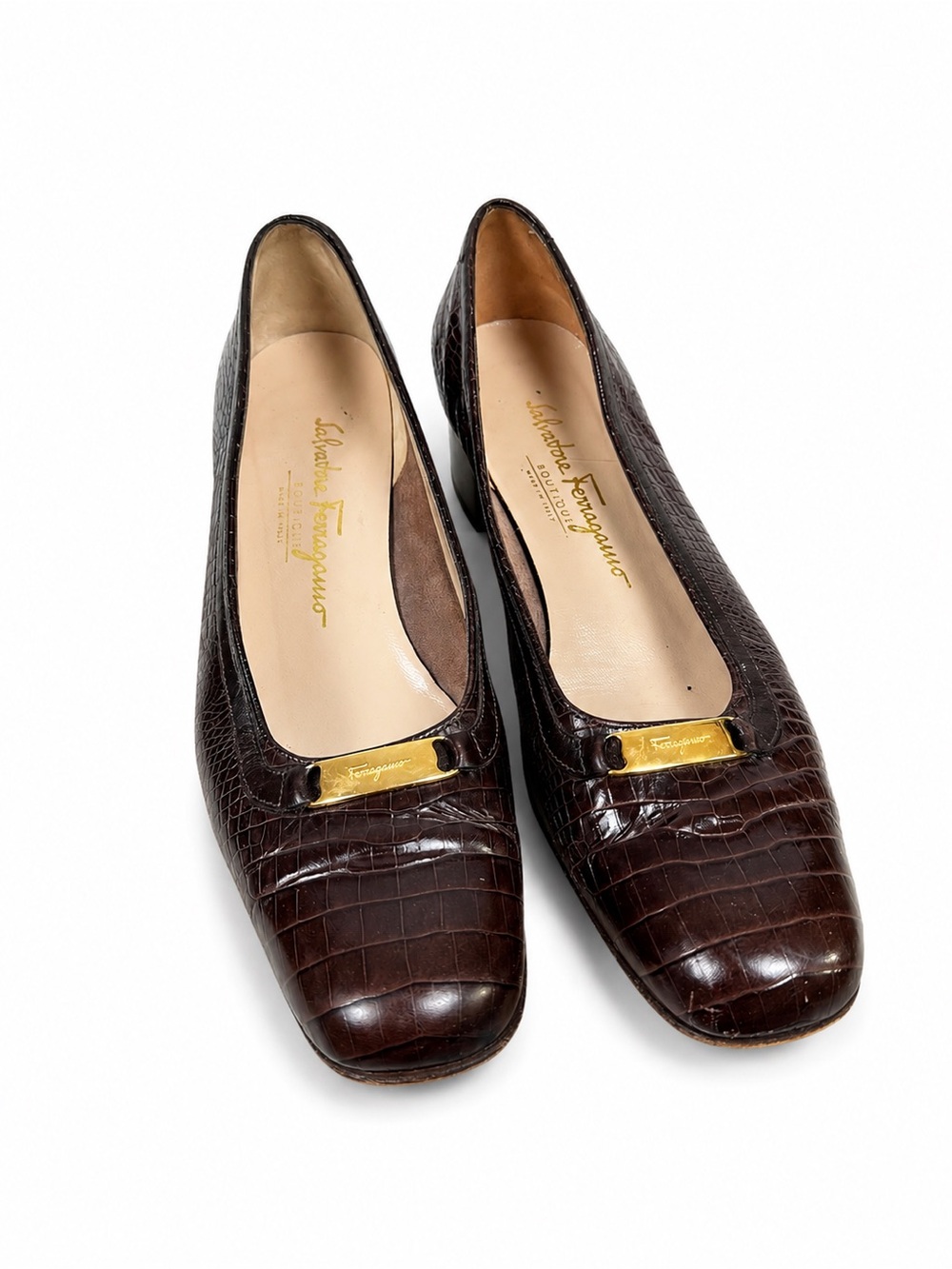 Vintage Salvatore Ferragamo Boutique Croc-Embossed Leather Flats Gold Plaque